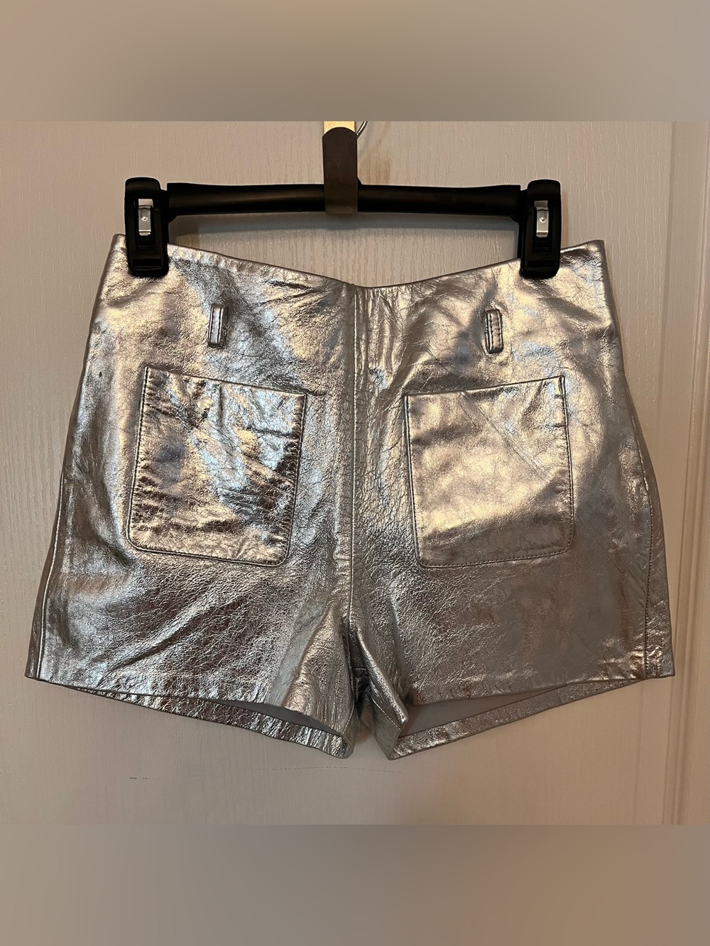 Maje Metallic Silver High-Waist Leather-Look Shorts
